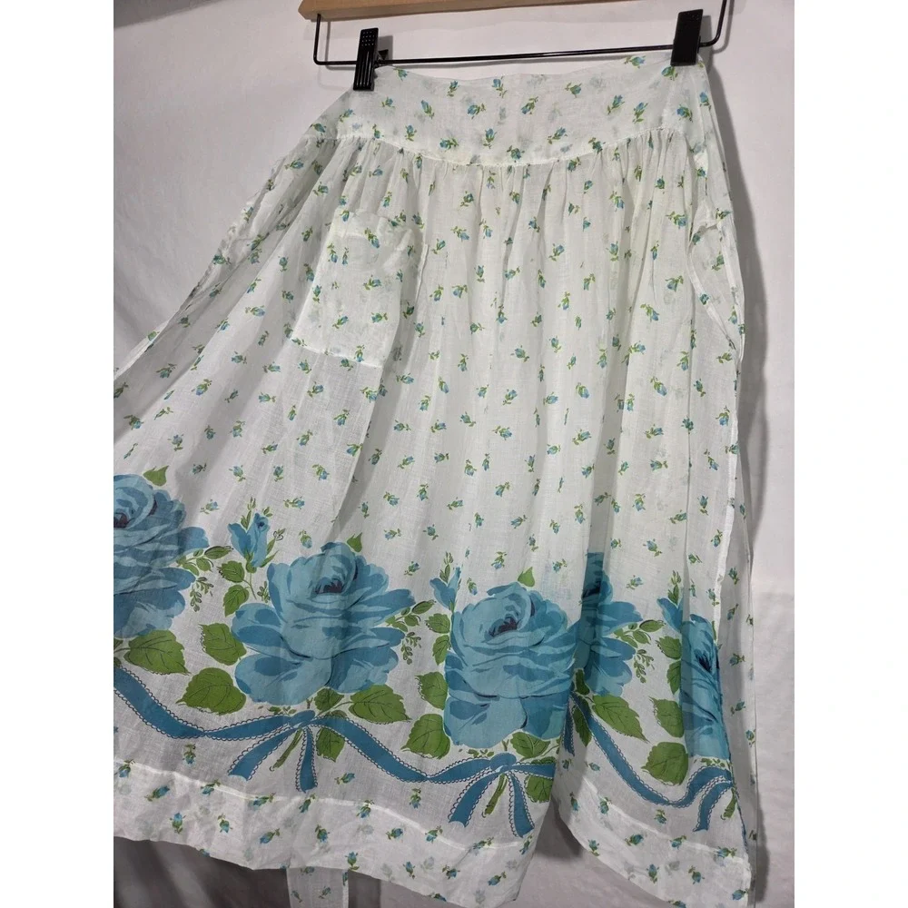 Vintage Floral Half Apron Womens OS White Blue Rose Border Print Cotton Gauze‎